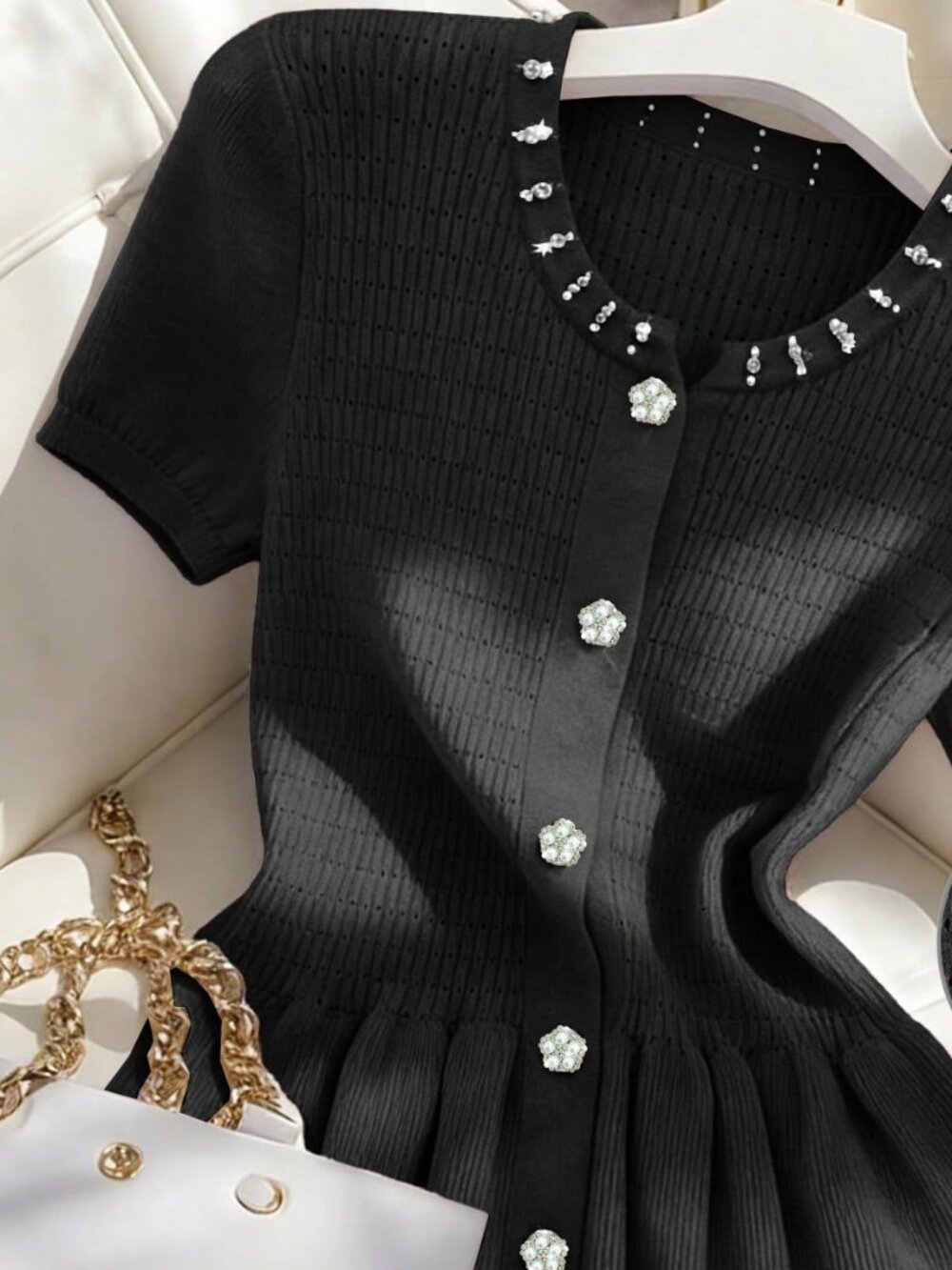 Black Casual Women's Elegant Dining Short Sleeve Cardigan
